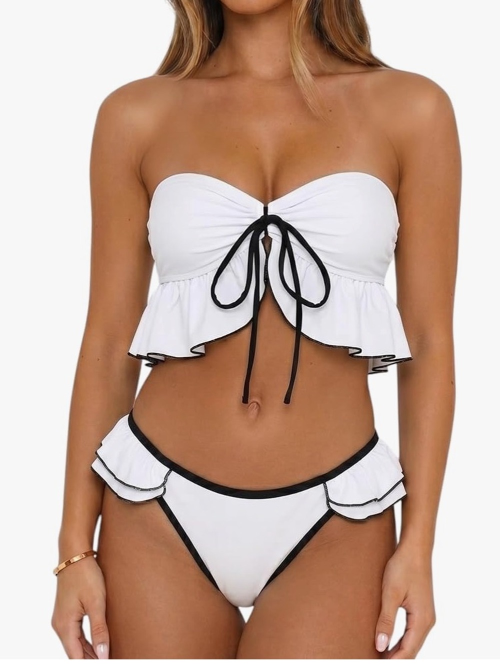 NWOT White Ruffle Bandeau Bikini with Black Trim